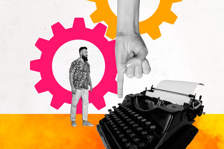 Exclusive art banner collage of serious man author stand retro typewriter gearwheel settings pinky finger hand gesture promiseの写真素材