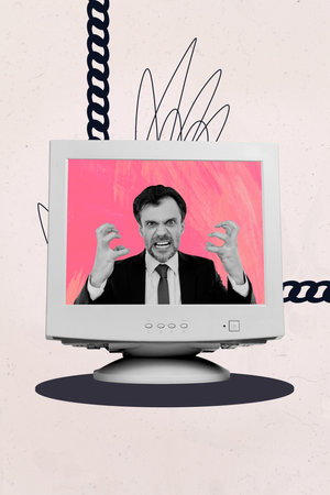 Exclusive image vertical collage of angry businessman inside pc monitor screen chain trap modern technology addiction freedomの写真素材