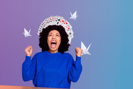 Creative surreal collage of fun girl raise fists up scream on blue color background with playing...