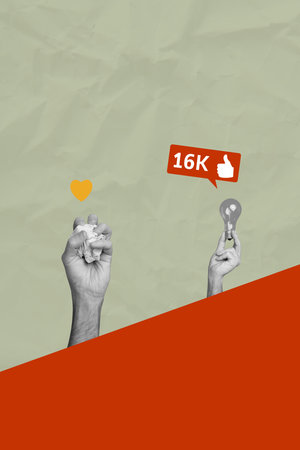 Vertical contemporary photo collage of hands show like notification social media influencer feedback follow popular blogの写真素材