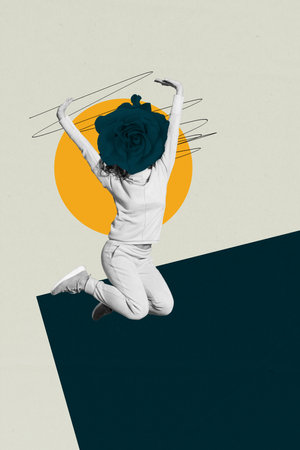 Trend image collage of person with flower face jumping on pastel color background