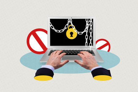 Creative 3D photo collage trend artwork template of eye server privacy hacking safety laptop display...