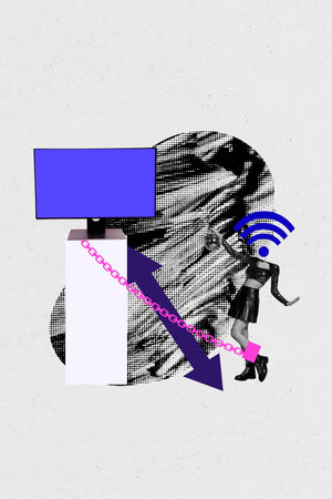 Sketch art 3d creative collage of girl hold disco ball instead head wifi sign hotspot cuffs addition pc monitorの写真素材