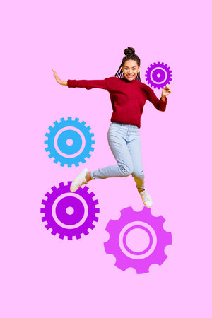 Pop image sketch 3d collage poster of happy businesswoman stand gearwheel optimization settings aim...