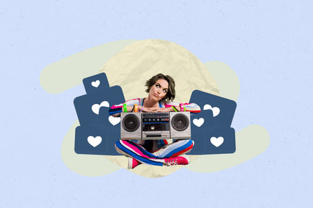 Image pop collage of person listen boomboxhaving collect many reaction on purple backgroundの写真素材