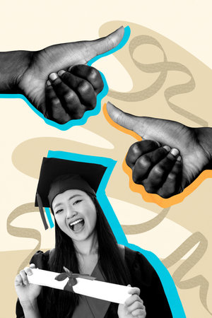 Composite artwork photo collage trend template of thumb gesture up like young lady smile hold diploma graduate university courses studentの写真素材