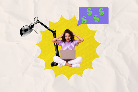 Creative composite sketch design artwork collage of young lady shocked work laptop speech cloud...