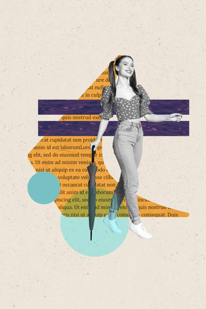 Vertical photo collage of happy girl guy hold umbrella walk park puddle autumn cyclone forecast season meteorology october weatherの写真素材