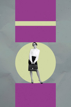 Trend collage of person stand circle geometry figure over grey purple backgroundの写真素材