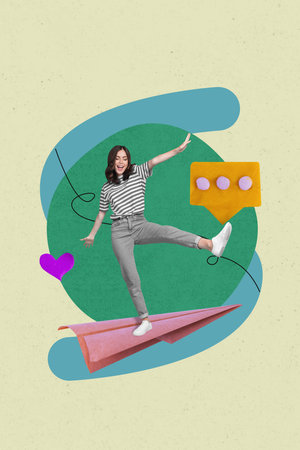 Sketch collage of person dance paper plane with like comment on pastel backgroundの写真素材
