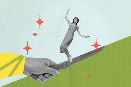 Contemporary poster trend art collage of shocked girl stand sharp knife killer bullying tension problem abuse stereotypeの写真素材