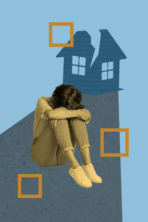 Creative 3D photo collage artwork of liberty citizenship law immigration migrants crisis young lady sit cover face hold knees destroy homeの写真素材