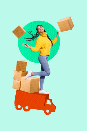 Zine art poster trend collage image of happy girl jump truck vehicle box carton shipment delivery...