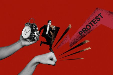 3D photo collage template trend artwork composite of hand hold young businessman run clock deadline...