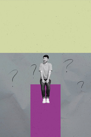 Banner image collage of person sit square figure on grey purple background
