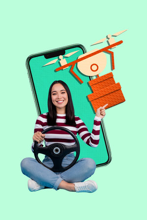 Exclusive artwork banner creative collage of happy courier girl hold steering wheel phone screen...