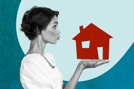 Creative full art collage of astonished girl hold home icon relocation concept new owner settlement apartment movingの写真素材