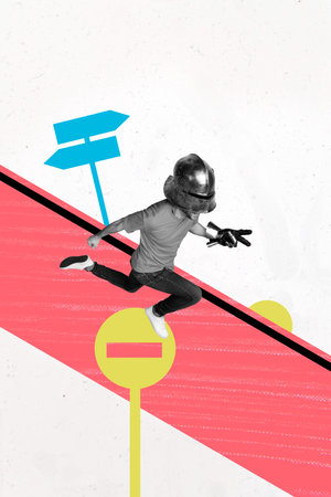 Collage trend artwork composite sketch poster of young man wear helmet warrior knight conqueror...