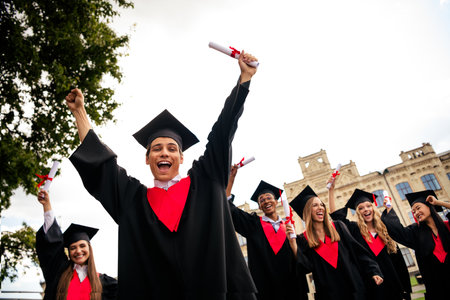 Group of jubilant graduates celebrating with diplomas on a sunny campus summer day