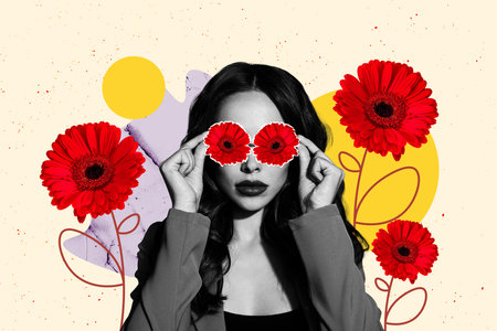 Creative sketch image art collage of happy girl hold sunglass gerbera flower mask bud skincare therapy procedure spring seasonの写真素材