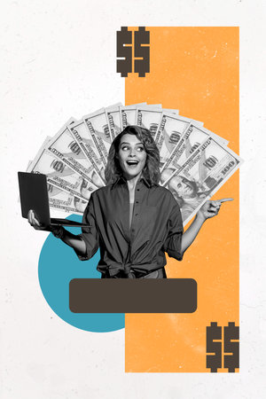Trend artwork creative sketch 3D collage of young woman smile finger point showing savings investment economy income market hold laptopの写真素材