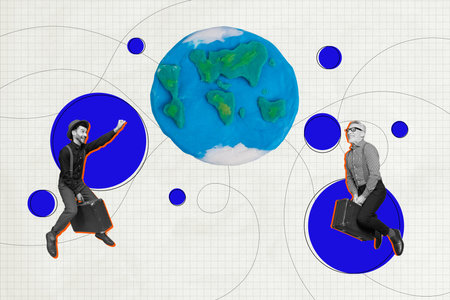 Trend artwork banner sketch 3D photo collage of young aged man travel sit baggage agency global...