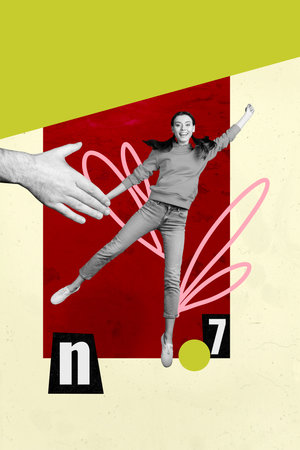 Vertical sketch 3d collage poster of happy girl dance relax party concert performance celebration music entertainment eventの写真素材