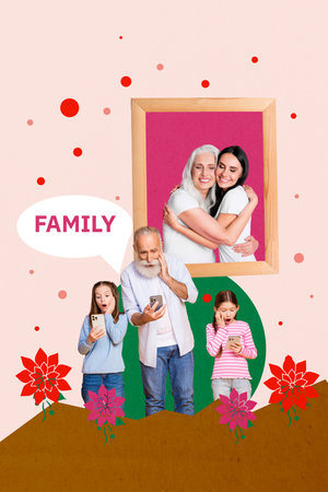 Creative artwork template image 3D collage of family generation lady hugs mom frame picture grandfather kids girl hold smartphone shockedの写真素材