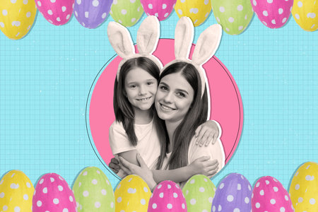 Template sketch image composite artwork collage of mom hugs daughter smile bunny ear egg decor...