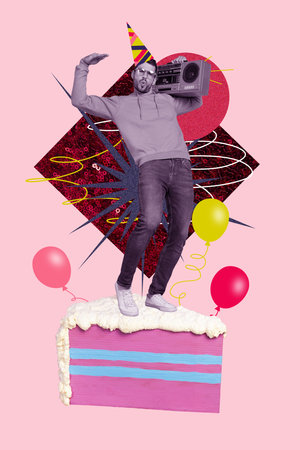 Sketch image trend artwork montage 3D photo collage of party young man happy stand cake piece...