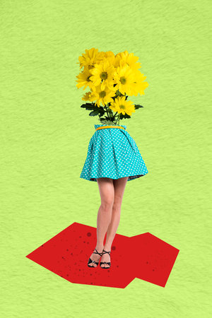 3D collage design composite trend artwork sketch of young lady stand legs posing body flower daisy botanical bloom holiday flora bouquetの写真素材