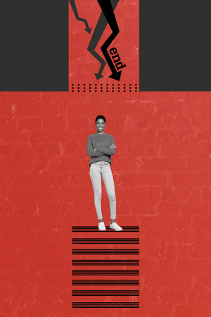 Trend image vertical photo collage of happy girl stand crossed hands arrow point decline recession...