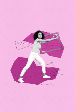 Zine art poster trend collage image of minded businesswoman push frame picture arrow development aim achievement conceptの写真素材