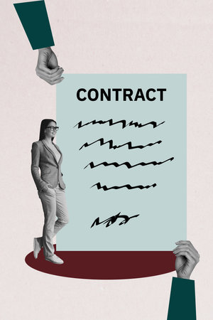 Art collage of person stand near hands holding contract on white background