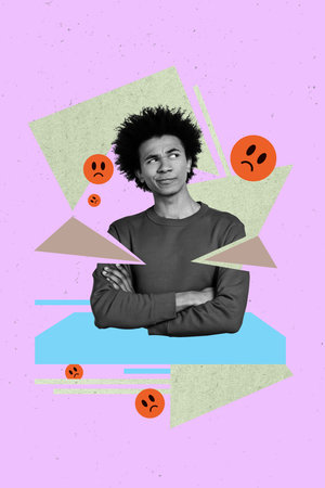 Vertical pop poster sketch art collage of girl guy receive sad emoji reaction social mediaの写真素材