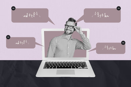 Pop trend collage of person in gadget monitor speak comment speech over pink background
