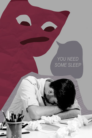 Sketch image artwork 3D photo collage of young man sad cover face table stress therapy depression burnout monster say you need some sleepの写真素材