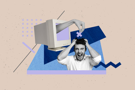 Composite art 3d creative image collage of angry girl guy it-specialist scream hand brainwash...