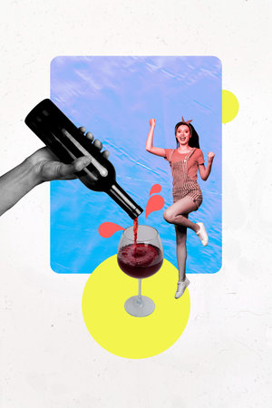 Vertical sketch 3d artwork collage poster of excited girl jump wine glass beverage hand pour bottle liquor bar celebration toastの写真素材