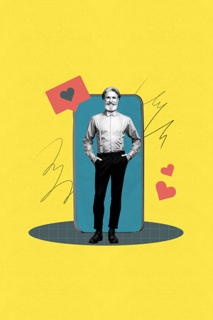 Poster image vertical photo collage of happy old man stand big smartphone screen heart notification social media feedback likeの写真素材