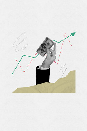 Poster banner collage of human hand hold dollars cash currency on white background with chartsの写真素材