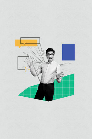 3d sketch poster vertical collage of happy dandy man dance colorful bubble communication chatterbox speech discussion talk messageの写真素材