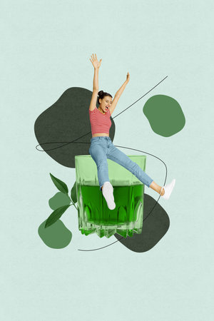 Vertical artwork trend collage of happy girl sit rum glass enjoy pub weekend relax party celebration event bar cognac drinkの写真素材