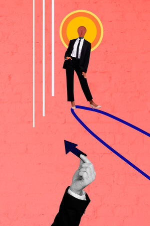 Sketch image trend artwork montage photo collage of headless businesswoman stand idea lam head hand...