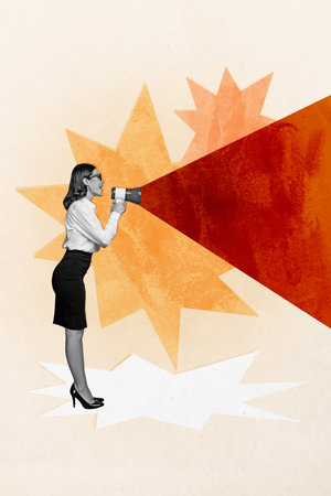 Composite image montage trend artwork collage of young woman business formalwear style stand hold speaker attention loudspeaker proclaimの写真素材