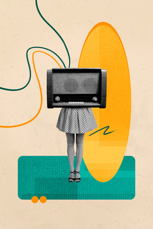 Exclusive image vertical photo collage of anonym bodyless girl instead head retro radio music celebration party meloman playlistの写真素材