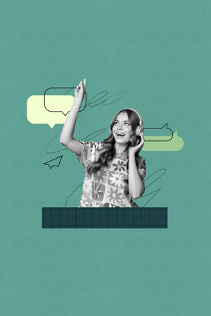 Poster image vertical photo collage of happy girl listen headphones colorful bubble communication speech notification chatterboxの写真素材