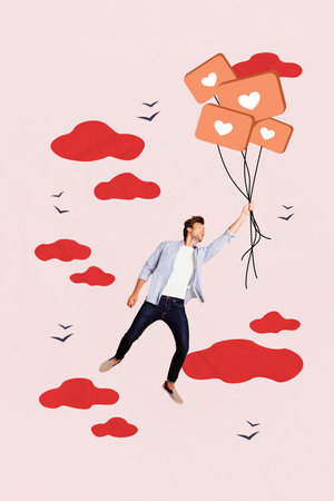 Graphics collage of person air sky fly hold likes balloon on pink color backgroundの写真素材