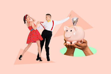 Creative trend artwork design collage sketch of cash currency investment market wealth piggy collect money banknote young man lady danceの写真素材