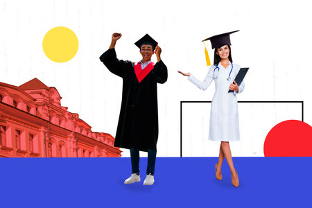 Composite sketch image design collage of young man lady doctor stand smile graduation student...
